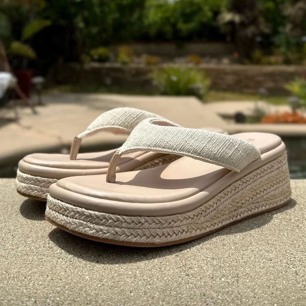 BAMBOO Cream Platform Espadrille Thong Sandals